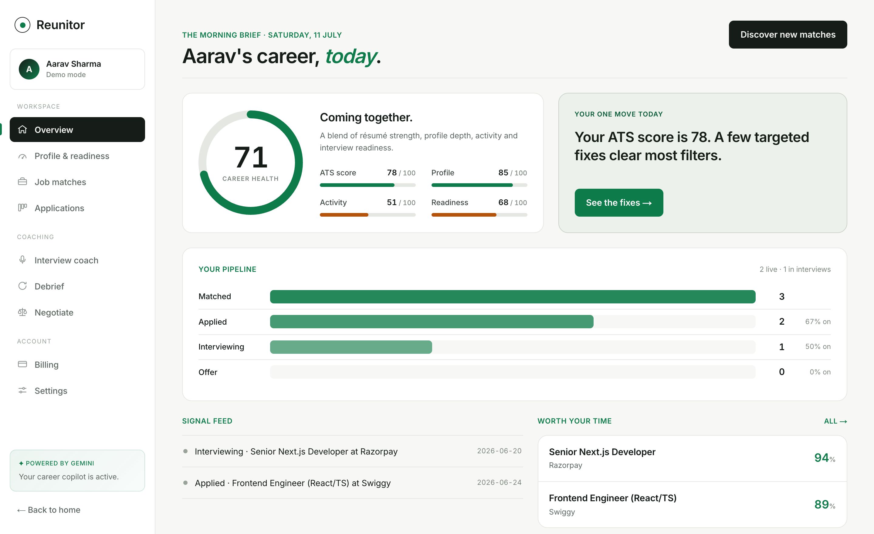 Reunitor dashboard — career health, pipeline and matched roles
